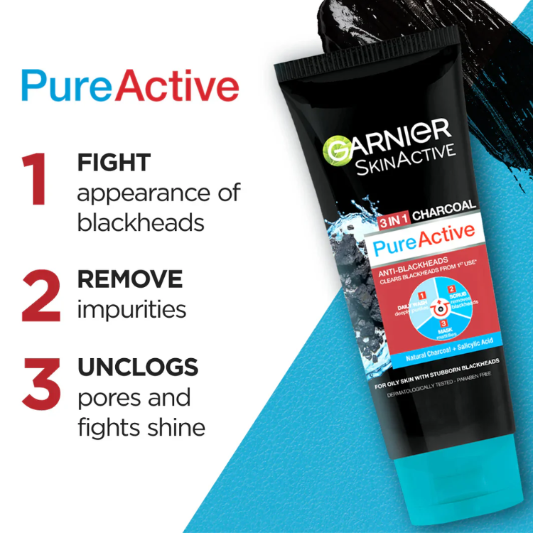 Garnier Pure Active 3 In 1 Charcoal Blackhead Face Wash Mask Scrub - 50ml