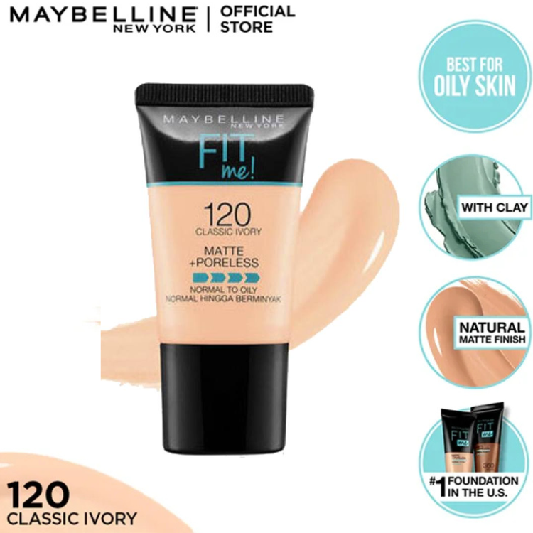 Maybelline New York- Fit Me Matte & Poreless Liquid Foundation 18ml Mini Tube - 120 Classic Ivory - For Normal to Oily Skin