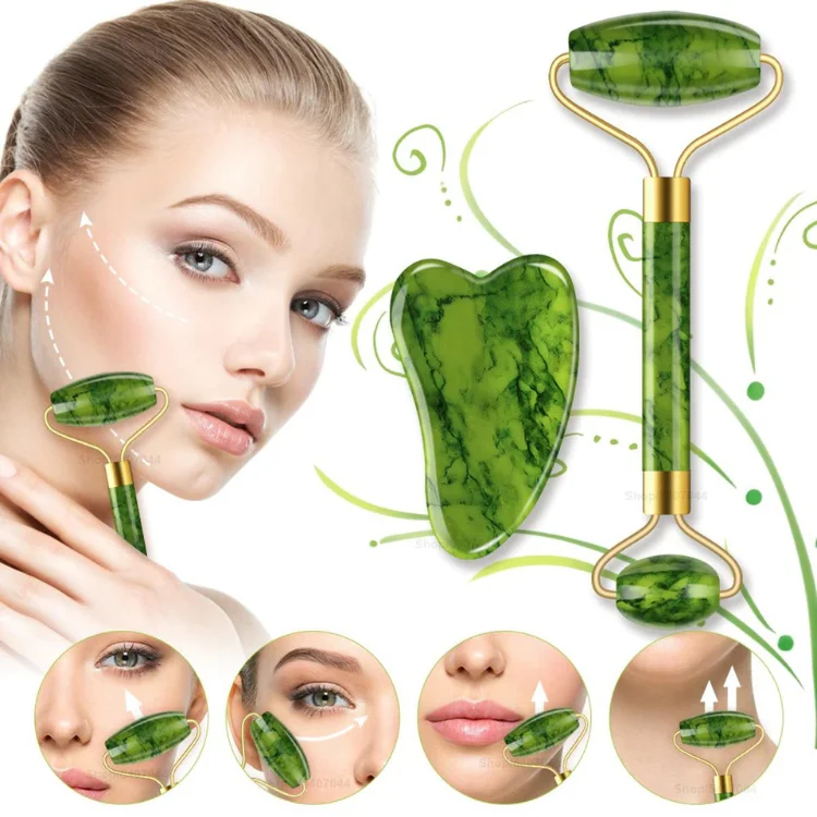 Facial Beauty Guasha Jade Roller Set In Marble - Green