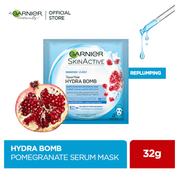 Garnier- Skin Active Hydra Bomb Pomegranate Tissue Face Mask, Hydrating and Replenishing, 28g