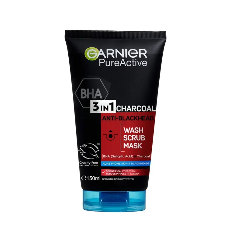 Garnier Pure Active 3 In 1 Charcoal Blackhead Face Wash Mask Scrub - 50ml
