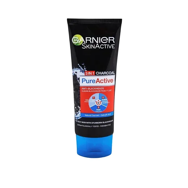 Garnier Pure Active 3 In 1 Charcoal Blackhead Face Wash Mask Scrub 100ml