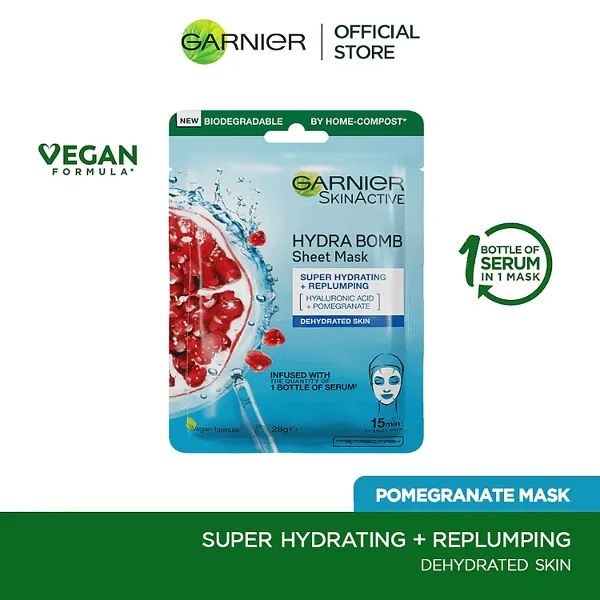 Garnier- Skin Active Hydra Bomb Pomegranate Tissue Face Mask, Hydrating and Replenishing, 28g