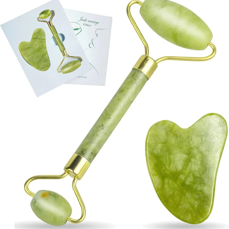 Facial Beauty Guasha Jade Roller Set In Marble - Green