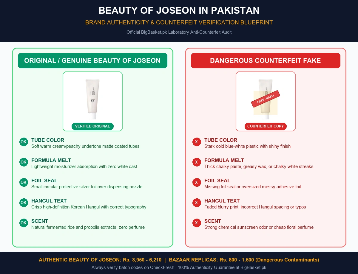 Beauty of Joseon Pakistan: Sunscreen, Serums & Prices (2026) Original vs Fake Infographic Pakistan