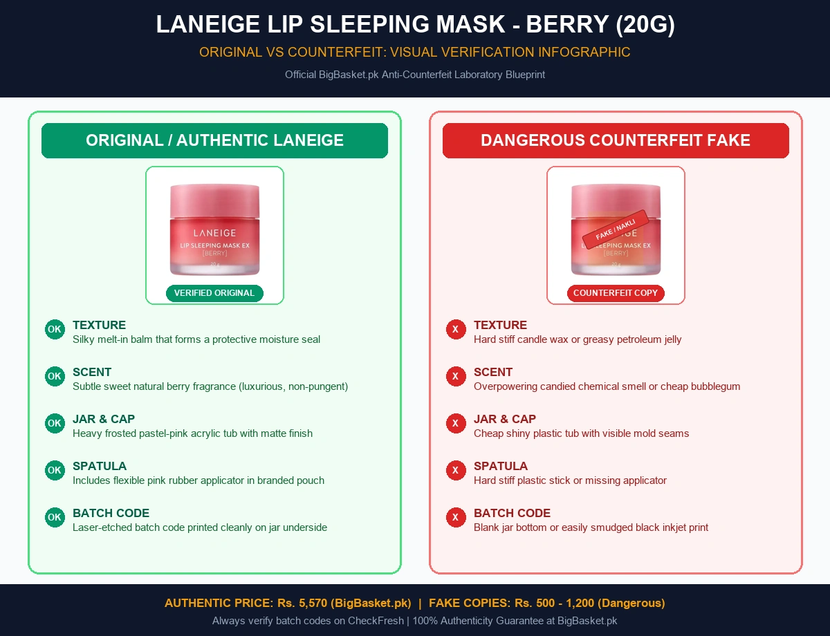Laneige Pakistan: Lip Sleeping Mask, Water Bank & Prices (2026) Original vs Fake Infographic Pakistan